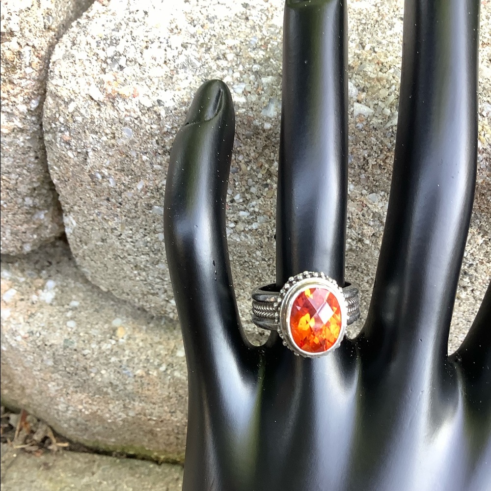 Silver Ring Oval Orange Center Stone Sz 7